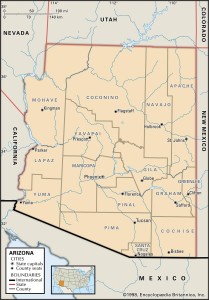 Map of Arizona county boundaries and county seats.