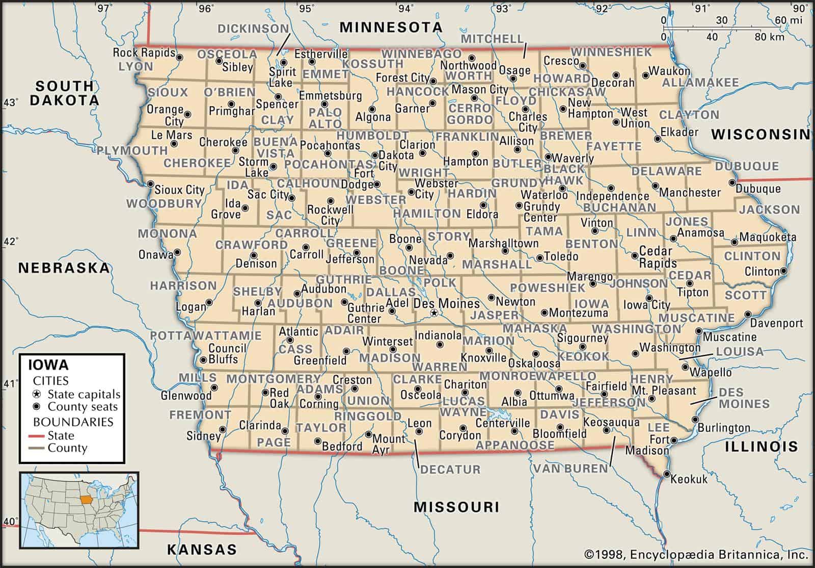 Iowa map of counties and county seats