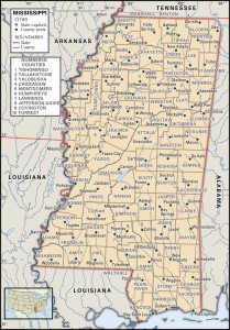 Map of Mississippi county boundaries and county seats.