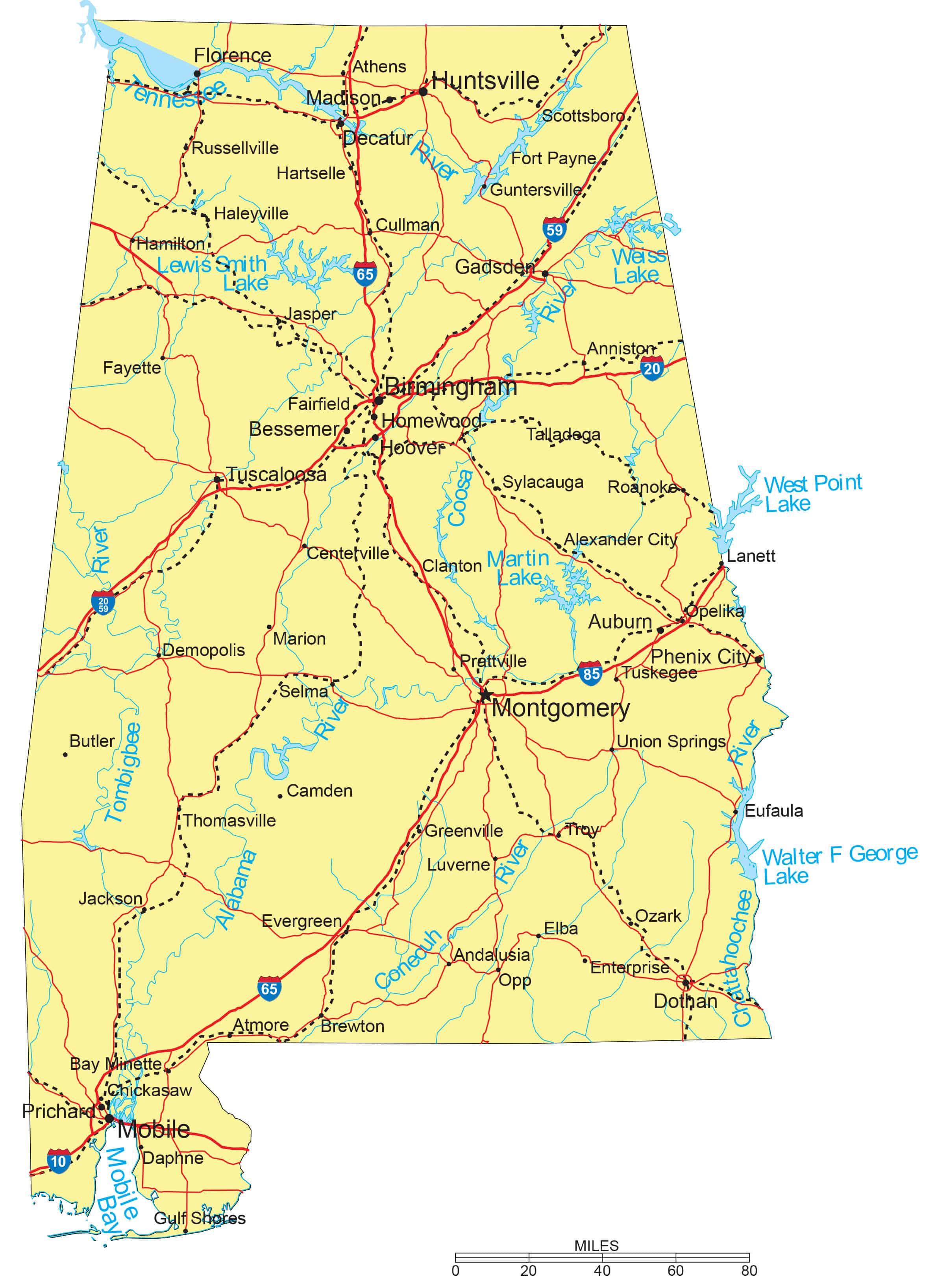 Detailed Alabama State map with Capitals, Major Cities, Interstates, Roads, Railroads, Rivers and Lakes